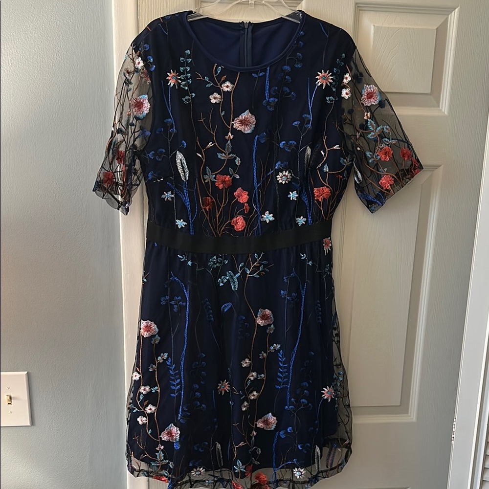 Floral Embroidered Navy Dress with black over-shell